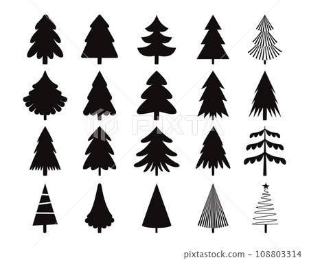 Black christmas tree icons. Seamless print of winter holiday trees with ornaments, snowflakes and presents. Vector monochrome background Black christmas tree icons. Seamless print of winter holiday trees with ornaments, snowflakes and presents. Vector monochrome background 108803314