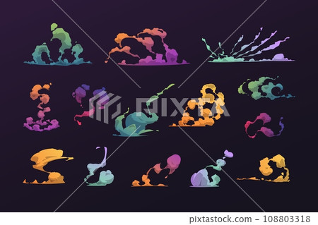 Cartoon colorful smoke effect. Comic game asset of magic fire burst and poison blast explosion, colorful fire motion sprite set. Vector isolated set 108803318