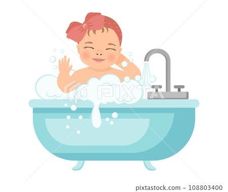 Baby girl in a bath with foam. Baby shower illustration. Design of children's hygiene products. Vector Baby girl in a bath with foam. Baby shower illustration. Design of children's hygiene products. Vector 108803400