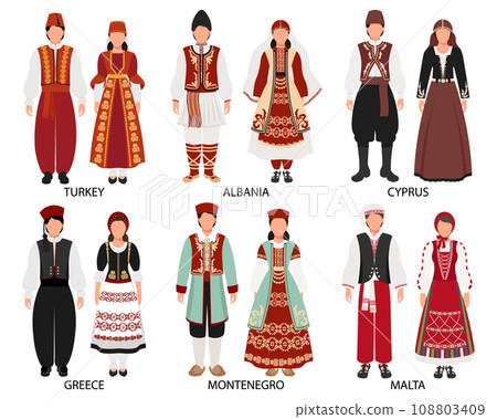 A set of couples in folk costumes of European countries. Turkiye, Albania, Montenegro, Greece, Cyprus, Malta. Culture and traditions. Illustration, vector 108803409