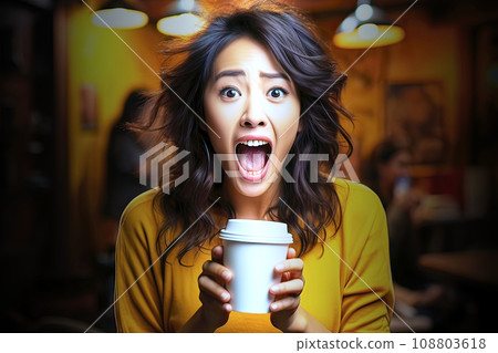Asian woman with wide-open eyes and mouth holds a plastic takeaway cup with a drink in her hand Asian woman with wide-open eyes and mouth holds a plastic takeaway cup with a drink in her hand 108803618