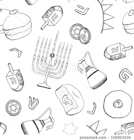Vector Hanukkah seamless pattern with Jewish holiday traditional symbols, Hebrew letterrs and bakery. Sufganiyot, dreidel, menorah in black and white Vector Hanukkah seamless pattern with Jewish holiday traditional symbols, Hebrew letterrs and bakery. Sufganiyot, dreidel, menorah in black and white 108803836