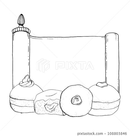 Hanukkah traditional donuts with Torah scroll vector black and white illustration. Hand drawn Jewish pastry for holiday Hanukkah traditional donuts with Torah scroll vector black and white illustration. Hand drawn Jewish pastry for holiday 108803846