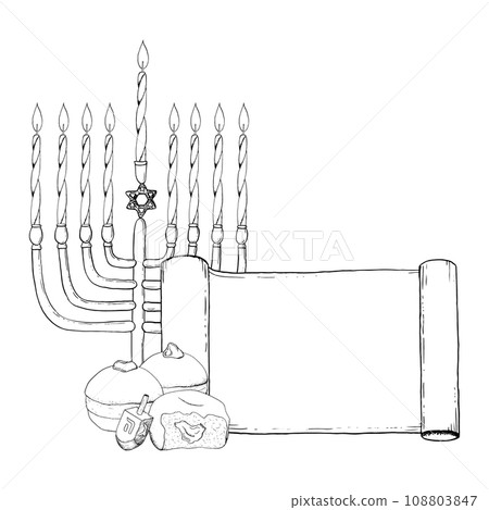 Hanukkah candles in menorah greeting card template with hanukkiah, donuts and dreidel vector illustration. Hand drawn Jewish holiday symbols Hanukkah candles in menorah greeting card template with hanukkiah, donuts and dreidel vector illustration. Hand drawn Jewish holiday symbols 108803847