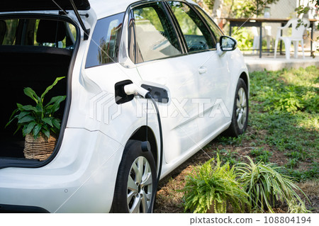 Electric car with flowers charges near a country house 108804194