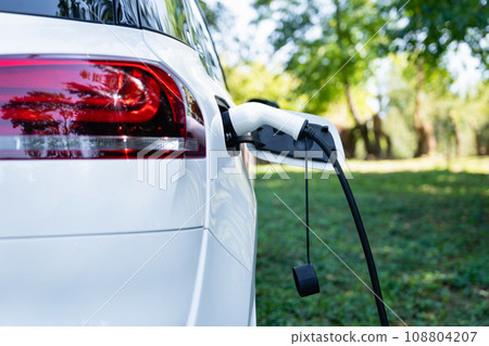 Close up of electric car inlet with a connected charging cable 108804207