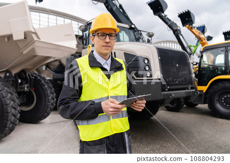 Man worker with tablet computer stands next to mining truck. Man worker with tablet computer stands next to mining truck. 108804293