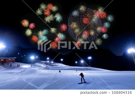 Night ski resort and fireworks Night ski resort and fireworks 108804316