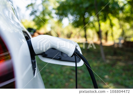Close up of electric car inlet with a connected charging cable 108804472