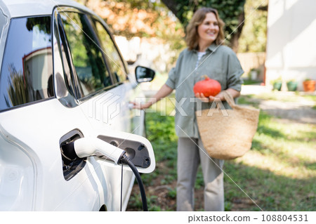 Woman with shopping bag and pumpkins next to a charging electric car in the yard of a country house 108804531