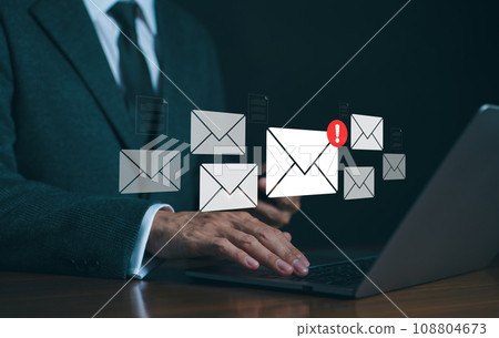 Spam mail and Phishing email, Cyber security concept. Businessman checking e-mail and sending on computer. Alert spam virus with warning caution, Junk mail, Scam mail notification, Electronic mail, 108804673