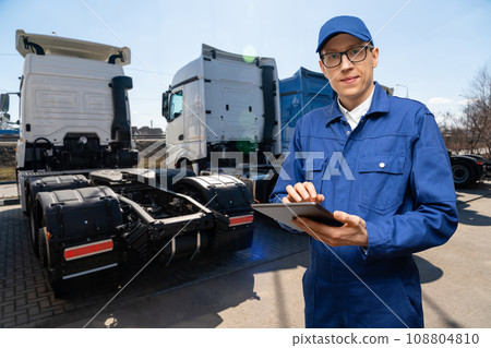 Semi truck fleet at the logistics center Semi truck fleet at the logistics center 108804810