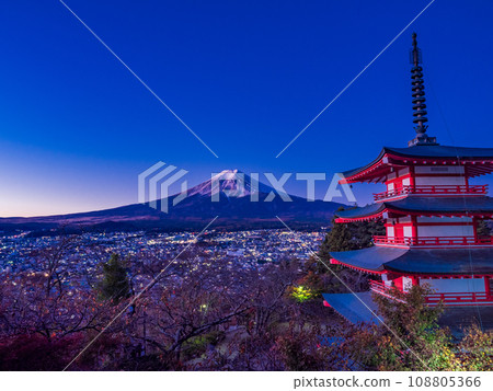 [Yamanashi Prefecture] Under the starry sky, Arakurayama Sengen Park's Chureito Pagoda and Shinyuki Fuji 108805366