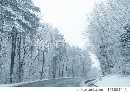 Winter landscape with snow-covered trees and road Winter landscape with snow-covered trees and road 108805441