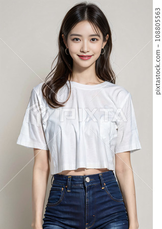 [Female model] Woman wearing T-shirt and jeans 03: AI-generated image 108805563
