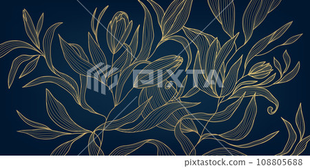 Vector art deco flower pattern background, gold line art, nature floral illustration. Hand drawn wavy plants for packaging, cover, banner, creative post and wall arts. Japanese style. 108805688