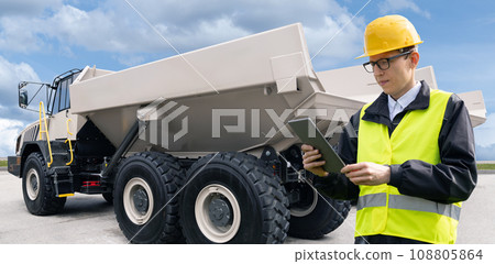 Engineer with tablet computer stands next to mining truck Engineer with tablet computer stands next to mining truck 108805864