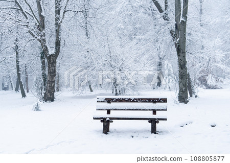 Snow covered wooden bench in a winter park Snow covered wooden bench in a winter park 108805877