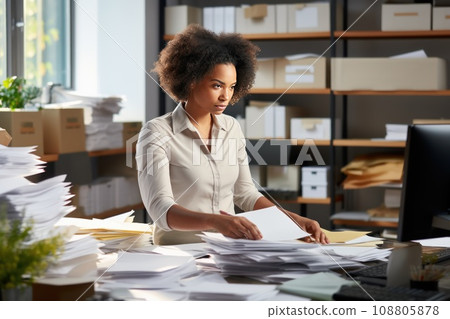 Office worker sitting at desk with computer suffers from hell work and paperwork 108805878