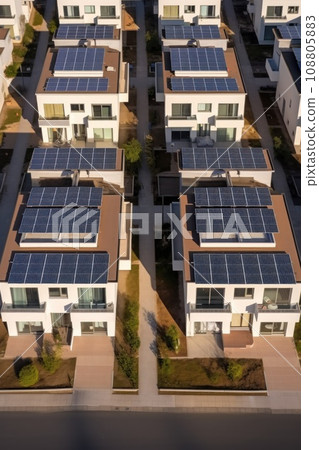 Eco-friendly apartment buildings with large solar panels on roofs surrounded by bright autumn trees Eco-friendly apartment buildings with large solar panels on roofs surrounded by bright autumn trees 108805883