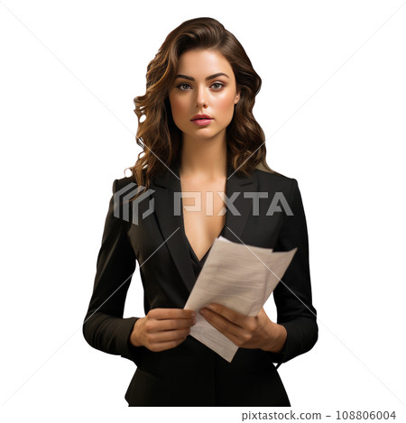 Business woman in jacket with documents in hands isolated. Business woman in jacket with documents in hands isolated. 108806004