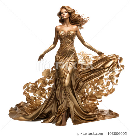 Girl in a beautiful golden long evening dress isolated Girl in a beautiful golden long evening dress isolated 108806005