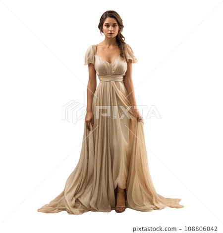 Girl in a beautiful white, beige long evening dress isolated Girl in a beautiful white, beige long evening dress isolated 108806042