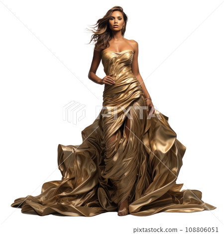 Girl in a beautiful golden long evening dress isolated Girl in a beautiful golden long evening dress isolated 108806051