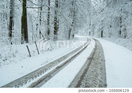 Snow-covered road through the forest Snow-covered road through the forest 108806129