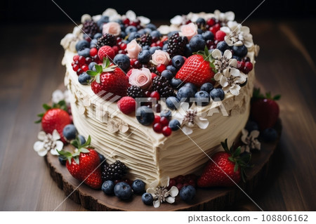 Elegant cream cake decorated with berries and flowers - AI image 108806162