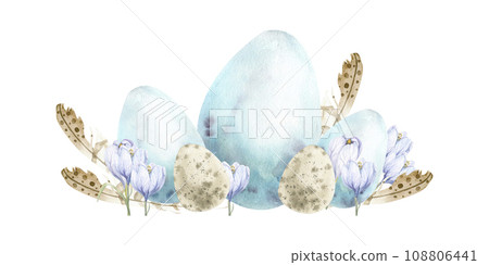 Watercolor spring Easter composition with pale blue eggs, beige feathers and first purple flowers crocuses. Hand drawn boho, vintage style arrangement for invitation, card, logo, label design 108806441