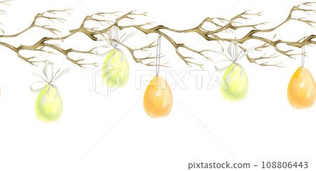 Watercolor seamless Easter banner. Hand drawn spring holiday border with bare tree branch and hanging Easter colorful eggs for card, label , packing, invitation decor. Isolated on wHite background Watercolor seamless Easter banner. Hand drawn spring holiday border with bare tree branch and hanging Easter colorful eggs for card, label , packing, invitation decor. Isolated on wHite background 108806443