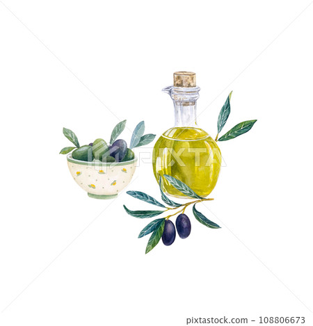 Olive oil in glass bottle with olives. Hand drawn watercolor illustration 108806673
