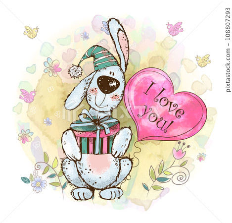 A Valentine's Day card. Cute bunny with a balloon in the form of a watercolor heart. A Valentine's Day card. Cute bunny with a balloon in the form of a watercolor heart. 108807293