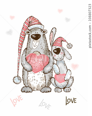 A Valentine's Day card. Cute bunny and teddy bear with a big heart. Vector. 108807323