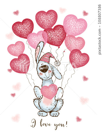 A Valentine's Day card. Cute bunny with balloons in the shape of a heart. Vector. 108807386
