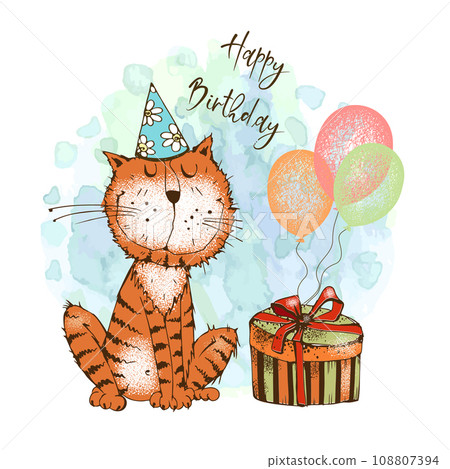 A birthday card. Cute cat with balloons and gifts. Vector. A birthday card. Cute cat with balloons and gifts. Vector. 108807394