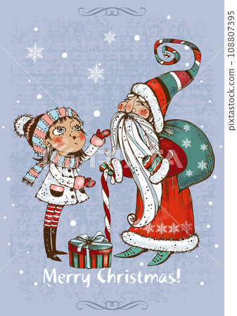 Christmas card. Santa Claus with a cute girl. Vector. Christmas card. Santa Claus with a cute girl. Vector. 108807395