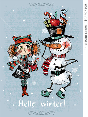 Hello winter. Christmas card with a cute girl and a snowman. Vector. Hello winter. Christmas card with a cute girl and a snowman. Vector. 108807396