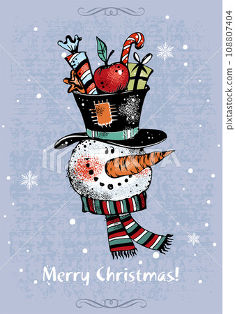 Christmas card. Cute funny snowman with gifts. Vector. Christmas card. Cute funny snowman with gifts. Vector. 108807404