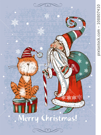 Christmas card. Santa Claus and a funny cat. Vector. 108807410