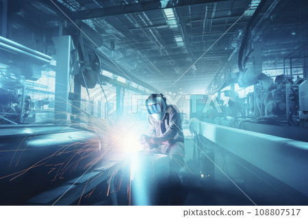 Masked welder works as welding machine at modern factory with the rest of the silver-colored machines 108807517