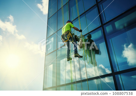 High-altitude climber. The profession of working at height. An industrial climber works on a skyscraper is attached by insurance for safety. Ai. 108807538