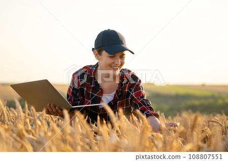 Woman farmer working with laptop on wheat field. Smart farming and digital agriculture 108807551