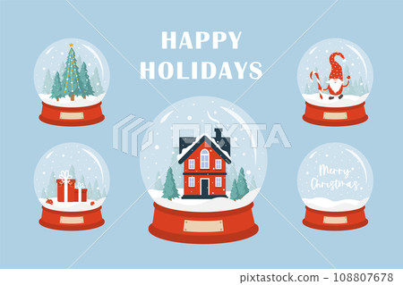 Glass snow globe collection. Set of christmas decorative balls with winter landscapes. Holiday snowballs with snowflakes isolated on blue background. Vector illustration in flat cartoon style Glass snow globe collection. Set of christmas decorative balls with winter landscapes. Holiday snowballs with snowflakes isolated on blue background. Vector illustration in flat cartoon style 108807678