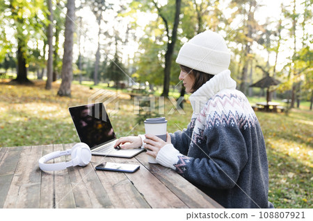 Freelancer working on laptop in autumn park 108807921
