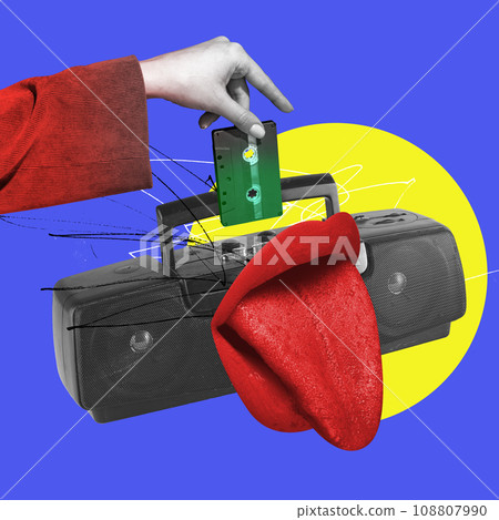 Female hand putting cassette into radio player against blue yellow background. Contemporary art collage. Y2k style 108807990