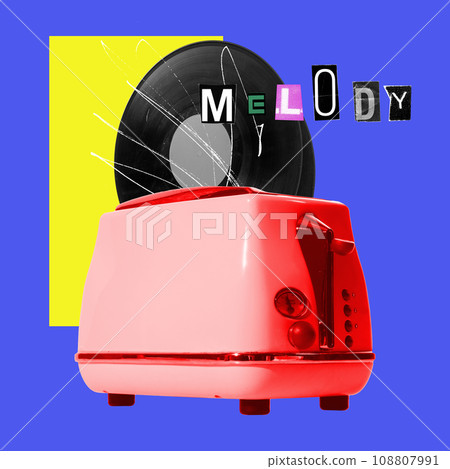 Vinyl record placed into toaster against blue background. Melody playing, home items. Contemporary art collage. Y2k style 108807991