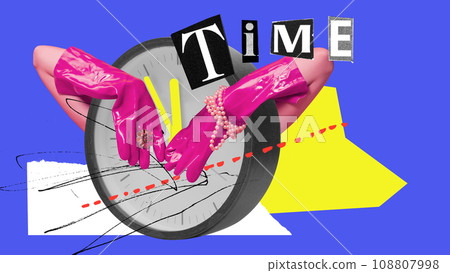 Female hands in rubber pink gloves and pear accessories hugging clock over blue background. Time. Contemporary art collage. Y2k style Female hands in rubber pink gloves and pear accessories hugging clock over blue background. Time. Contemporary art collage. Y2k style 108807998