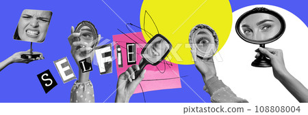 Female hands holding small vintage mirrors against multicolored background. Selfie and beauty. Contemporary art collage. Y2k style 108808004